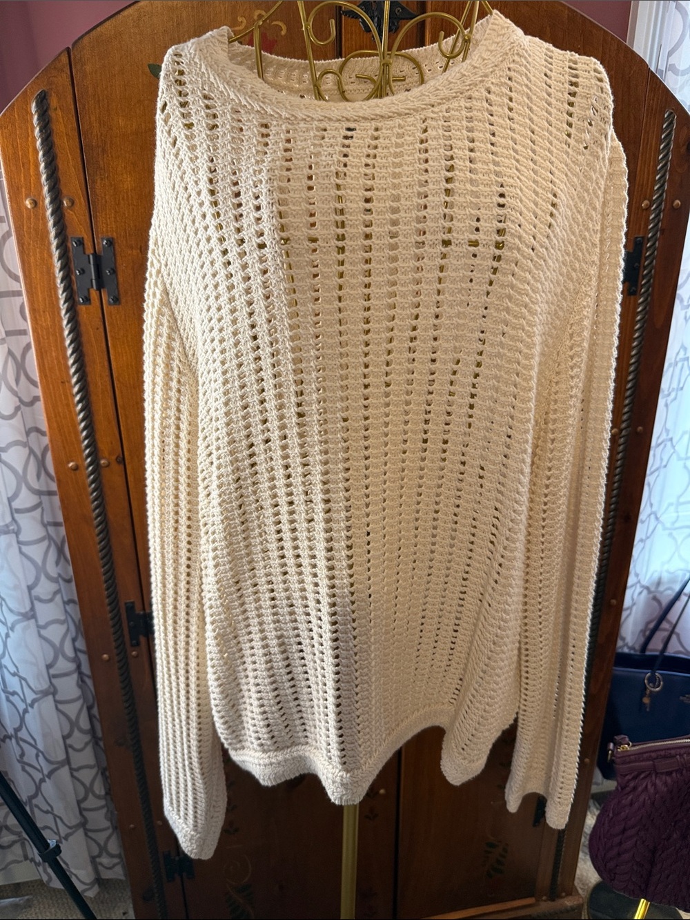 Women's Cream Open-Knit Crewneck Sweater crochet xxl